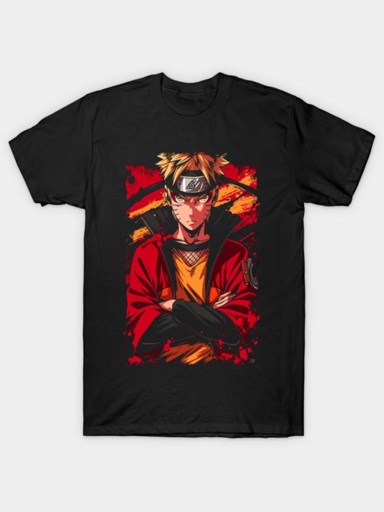 Naruto Tenjin Mode Tshirt for Men with Anime Pattern Printed Short Sleeve Fashion High Quality Trendy Cotton Top