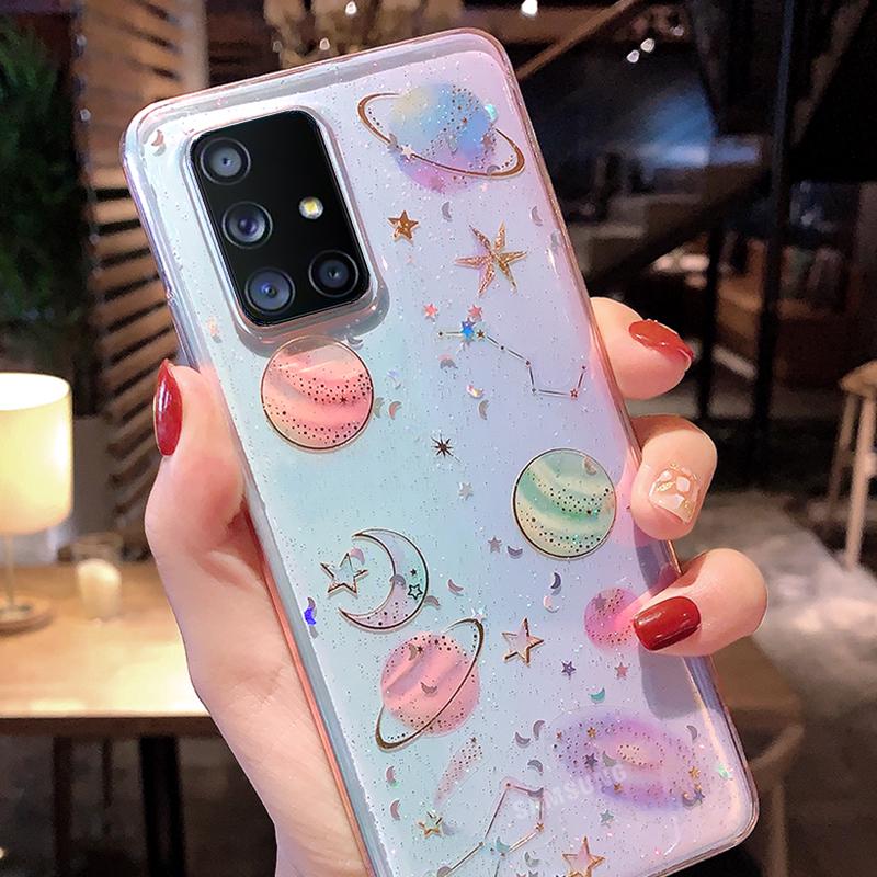 Glänzende Glitzer-Hülle „Space Planet“ für Samsung S24 Ultra S23 Plus S21 S20 FE A42 5G A73 A53 5G S22 Ultra Plus, transparente, weiche Hülle