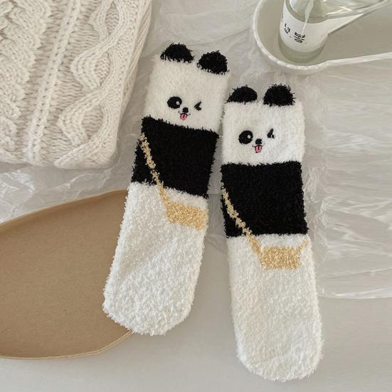1/5 Pairs Sleeping Socks Cartoon Panda Design Thickened Coral Velvet Warm Winter Socks Mid-Tube Floor Socks