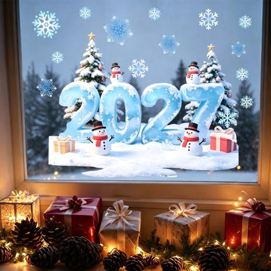 Decorative Glass Stickers 2027 Christmas Winter Window Cling, Static Sticker with Snowman, PVC Tree, Snowfalke, Removable Waterproof Door Decal Decals