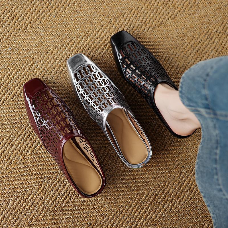Fashion 2025 New Summer/Spring Women Mules Split Leather Women Shoes Square Toe Chunky Heel Shoes Cover Toe Women Sandals Soft Shoes