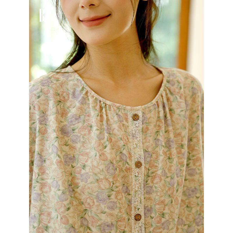 24 Years Fall and Winter New Arrival Cotton Double-Layer Gauze Long Sleeves Home Wear Bath Light Print Lace Pajamas Suit