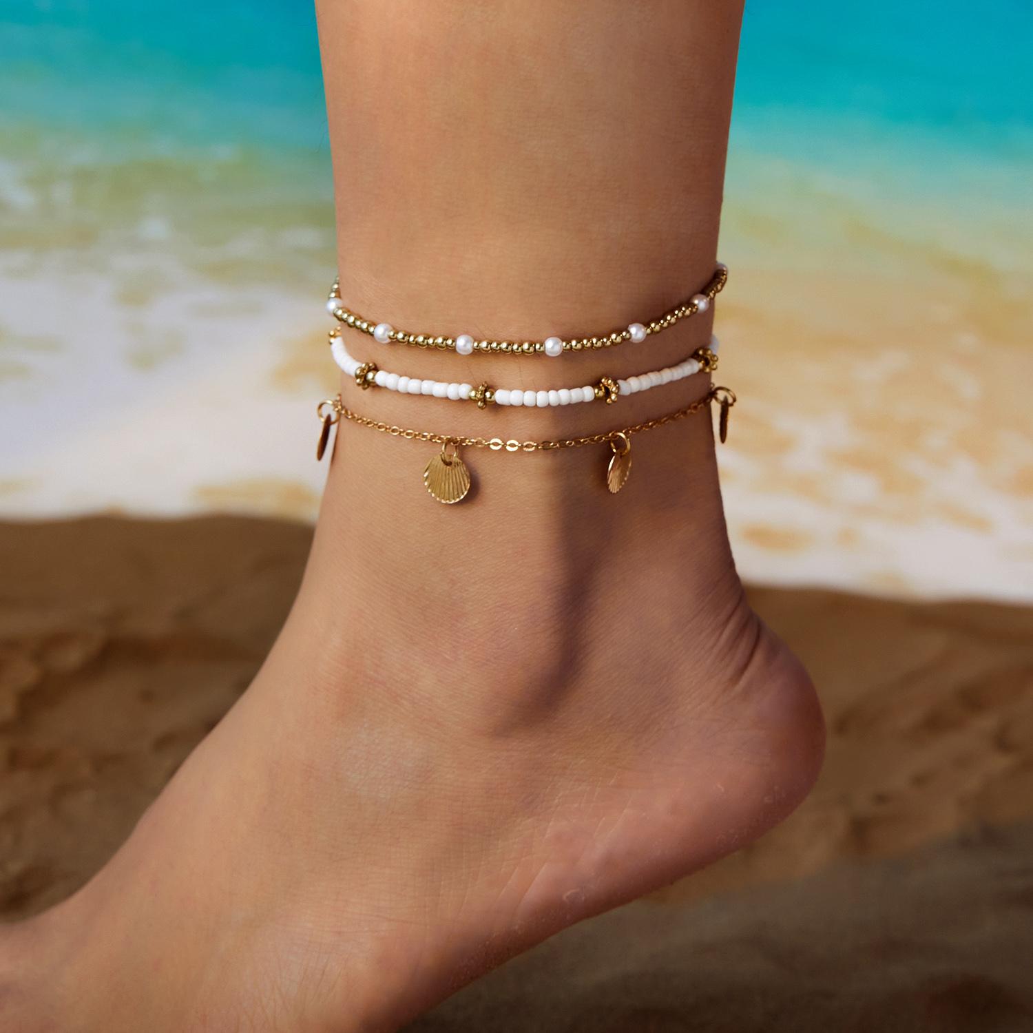 

Vintage Gold Color Starfish Sea Shell Metal Chain Anklet Set for Women Beach Party Adjustable Ankle Bracelet on Foot Zircon
