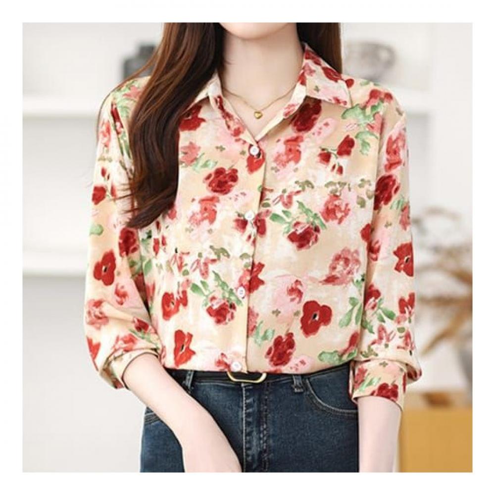 Navava Unisex Vintage Flower Pattern Long Sleeve Collar Shirt Nb2291