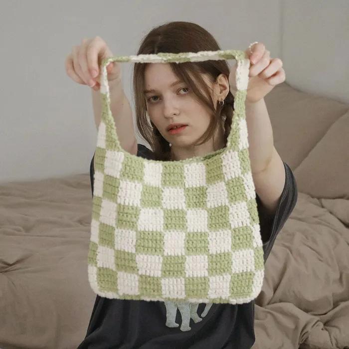 No.02 / Checks Bag _ Lime (Checks Checkerboard Crochet Bag Knit Bag)