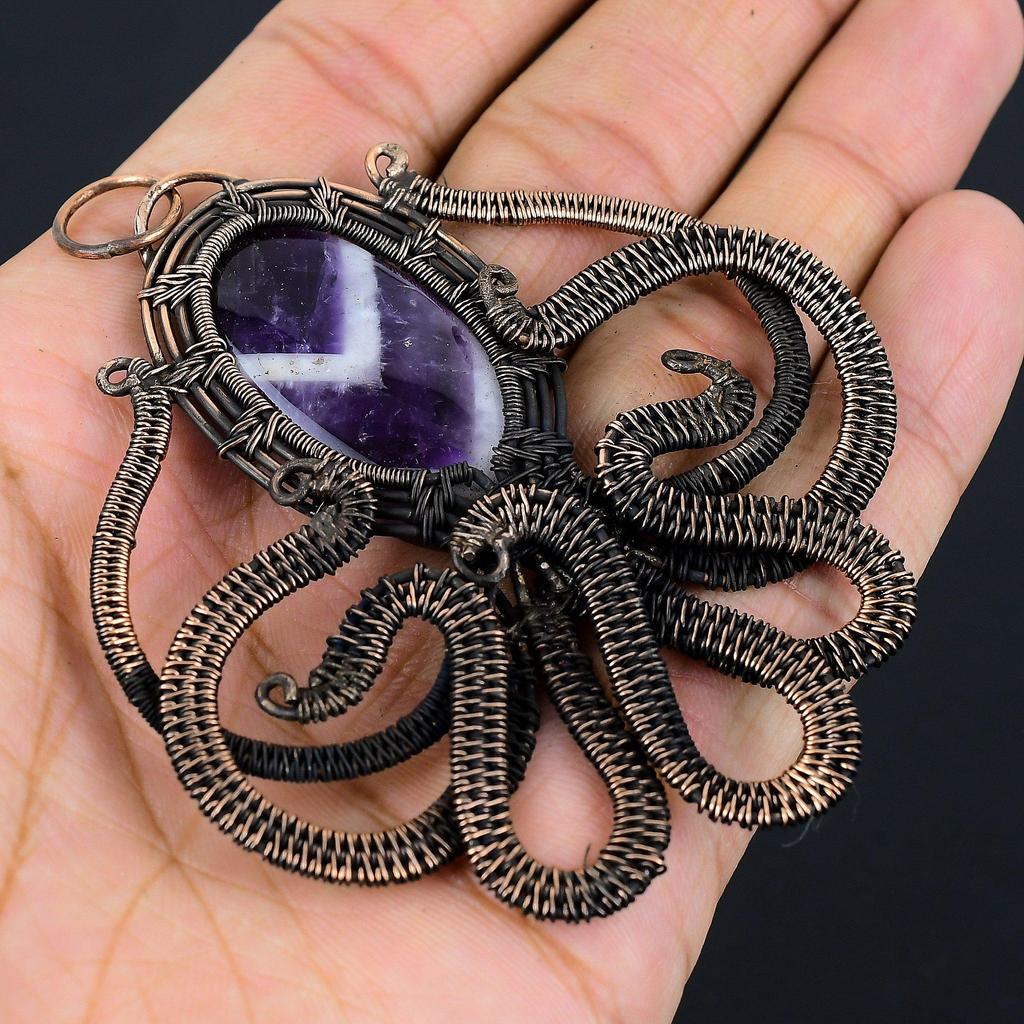 Salbei-Amethyst-Oktopus-Form-Edelstein, reiner Kupferdraht, umwickelt, handgefertigter Anhänger, Schmuck, Geschenk für Sie
