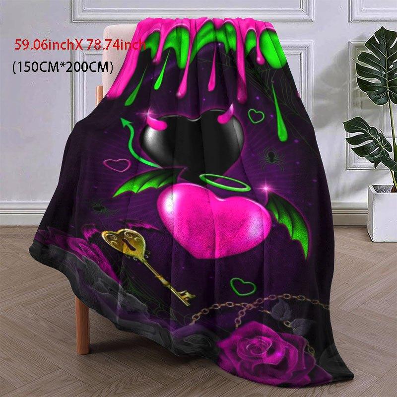 1pc Vibrant Heart & Key Design Flannel Blanket - Soft, Warm, All-Season Throw with Glittery Pink Hearts, Green Leaves, and Golde