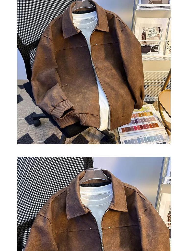 Men's Trendy Retro Brown Leather Baseball Jacket - Suede, Short, Roguish Style for Spring/Autumn