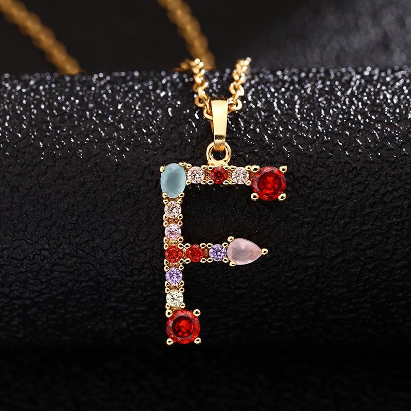 Colier de cupru pentru femei, cu 26 de litere, cu zircon colorat, agat și lanț din oțel inoxidabil