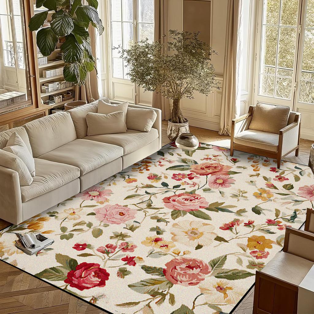 Retro Flower Living Room Carpet Non-slip Machine Washable Soft Floor Mat Nordic Style Plant Rugs Large Size Home Decoration Mats