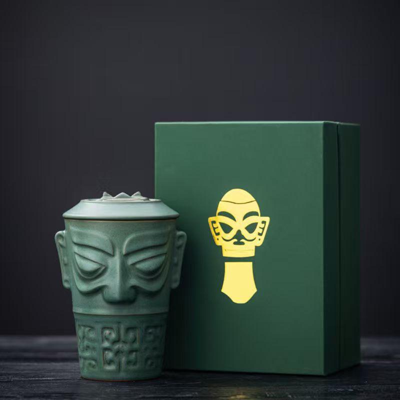 Bronze mask Sanxingdui gift portable travel tea set ceramic merchandise express cup business souvenir