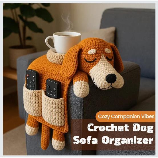 Crochet Cat Sofa Arm Organizer, Crochet Dog Sofa Organizer 2 Pockets and 1 Mug Holder, Remote Control Holder Couch, for Remote, Drink, Snacks, Phone