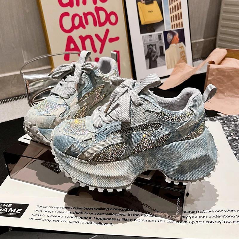 Fashion Women's Sneaker Crystal Platform High Heels Sport Shoes 2025 Autumn Luxury New Lace Up Running Hiking Shoes Casual Mujer Zapatos