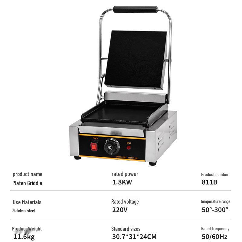 Commercial Electric Panini Press Grill, Single & Dual Plate, Three-Sandwich Capacity with Barbecue Strips for Steak.