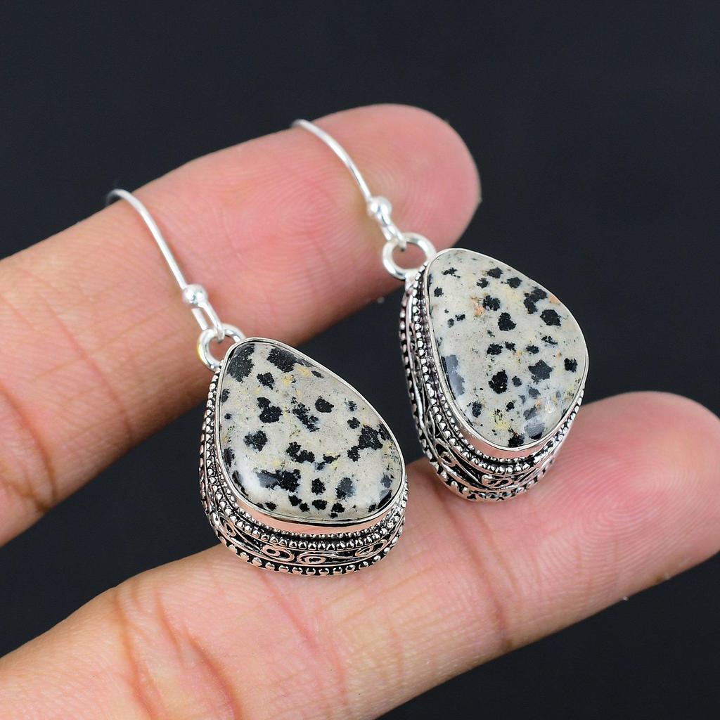 Gift For Her 925 Silver Natural Dalmatian Jasper Drop/Dangle Vintage Earrings