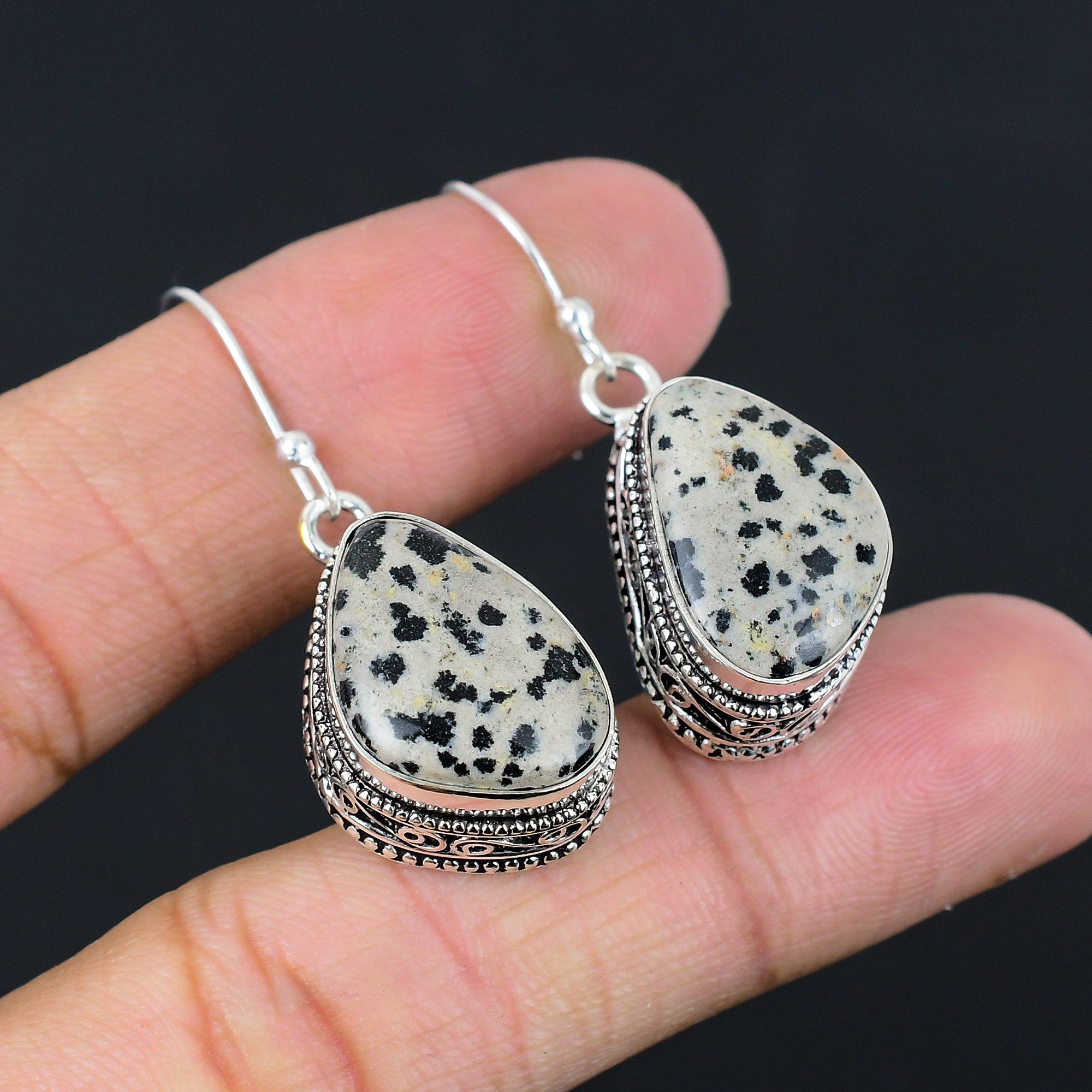 

Gift For Her 925 Silver Natural Dalmatian Jasper Drop/Dangle Vintage Earrings