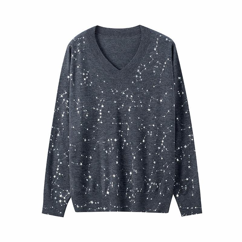 Star printed neck knitted sweater top women's early autumn new long-sleeved inner loose and thin bottoming shirt thin