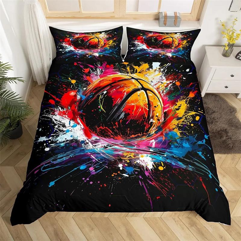 Basketball Duvet Cover Black Gold Bedding Set Black and Golden Basketball Court Design Comforter Cover Sports Games Quilt Cover