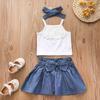 Bebek Yürümeye Başlayan Bebek Kız Katı Dantel Kolsuz Papyon Denim Etek Kıyafetler Tops