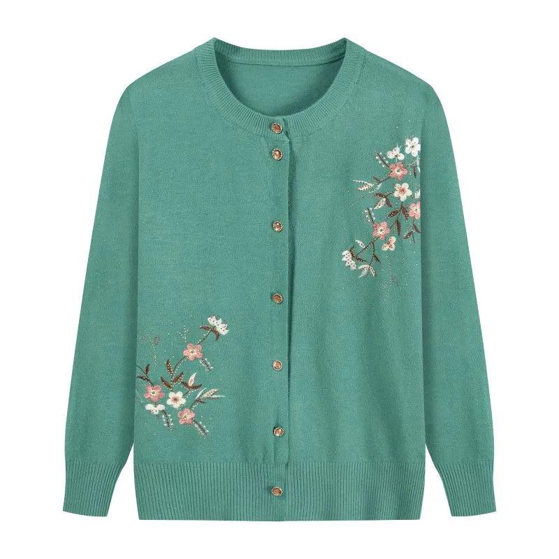 Grandma's Spring Autumn Flower Printing Knitwears Middle-Aged Mother Cardigan Embroidered Knitting Top for Women