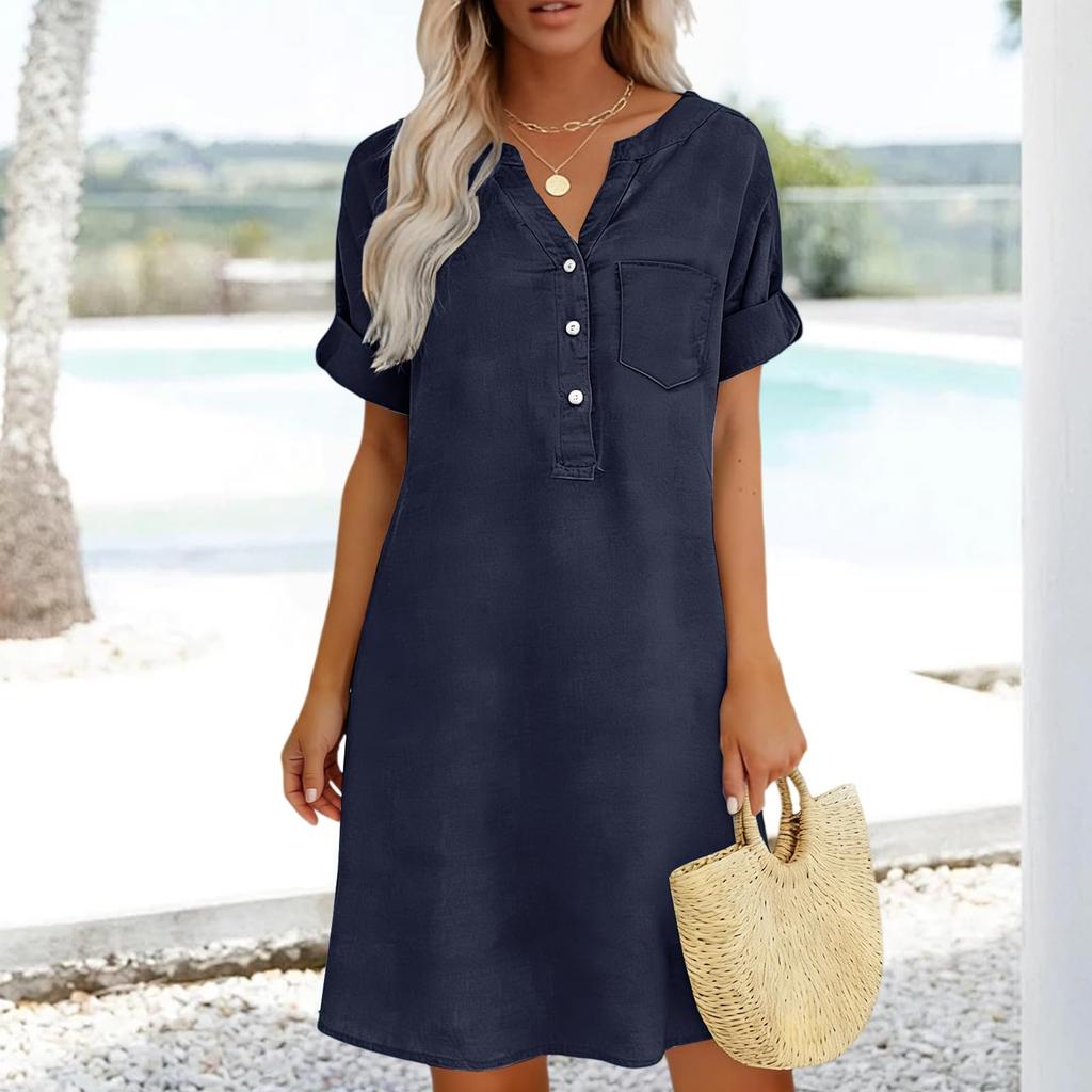 Lockeres V-Ausschnitt Kurzarm Hemdblusenkleid mit Knopfleiste und Taschen-Design Lässiges Sommerkleid für Damen Leinenmischgewebe