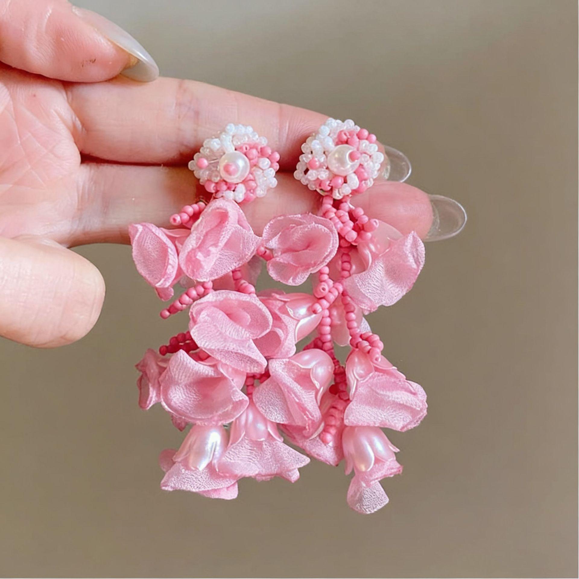 

Seaside vacation style pearl chiffon flower fringed earrings super fairy atmosphere earrings unique and beautiful earrings women s
