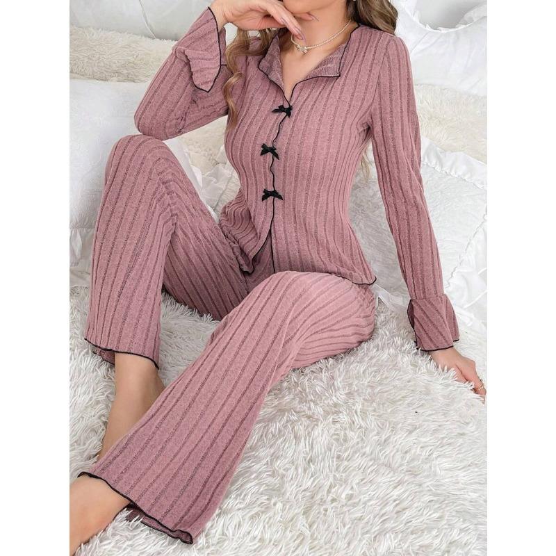 VEZFAA Women's Fashion Casual Spring Autumn Stripe Print Long Sleeve POLO Neck Trousers Pants Suits