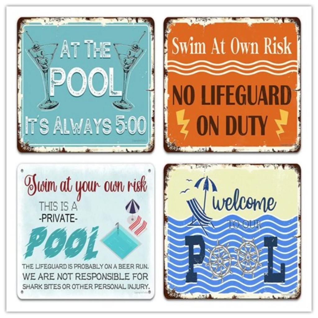 Swimming Pool Warning Tin Signs,Vintage Iron Paintings,Metal Plate Novelty Decoration for Indoor/Outdoor Pools, Shark Wall Decor