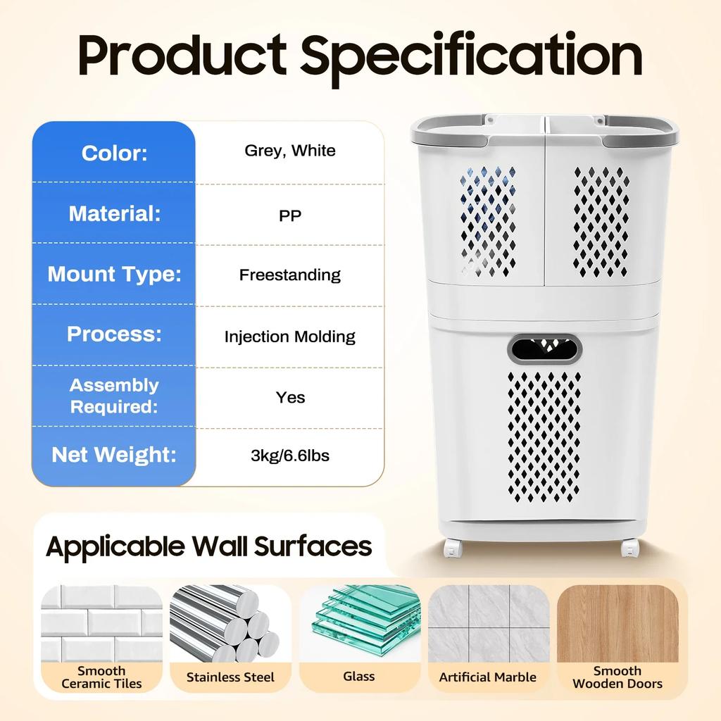 Bymaocar 2 Layers White PP Material Laundry Basket with Wheels Freestanding Multi-function Clothes Basket for Toilets, Bedrooms