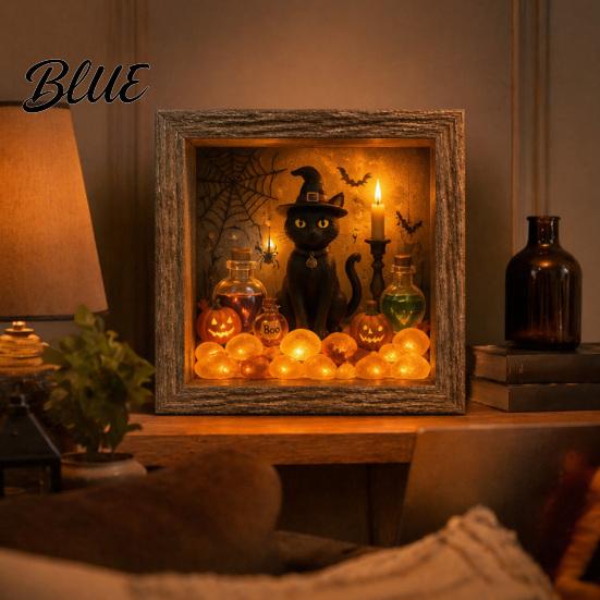 Handmade Halloween Room Decorations DIY Shadow Box Night Light Kit 8.5 Inch Wooden Frame LED Craft Set with Seasonal Mantelpiece Decor Sets Luminous