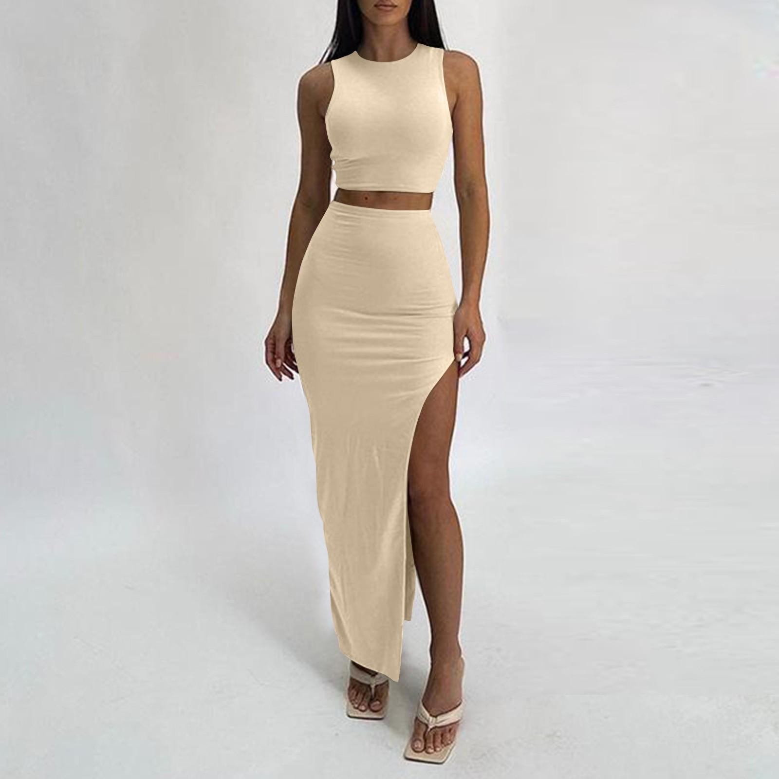 

Летняя длинная юбка, круглый вырез, однотонный разрез, сексуальный костюм с юбкой, облегающий бедра S жёлтый