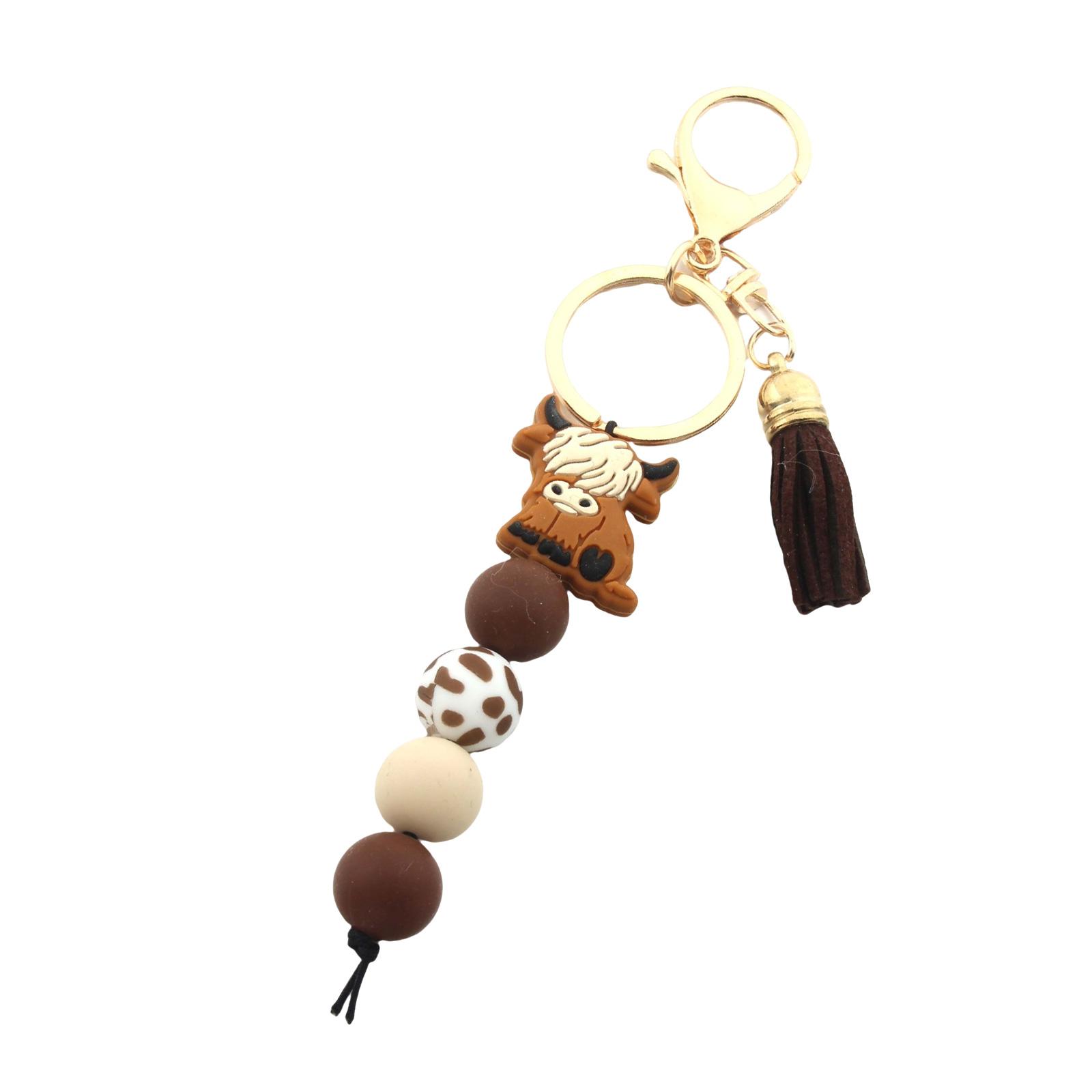 

Брелок с подвеской в виде коровы Хайленд, мягкий силиконовый брелок с бусинами и цветными кисточками, аксессуары для женщин и мужчин кофейный