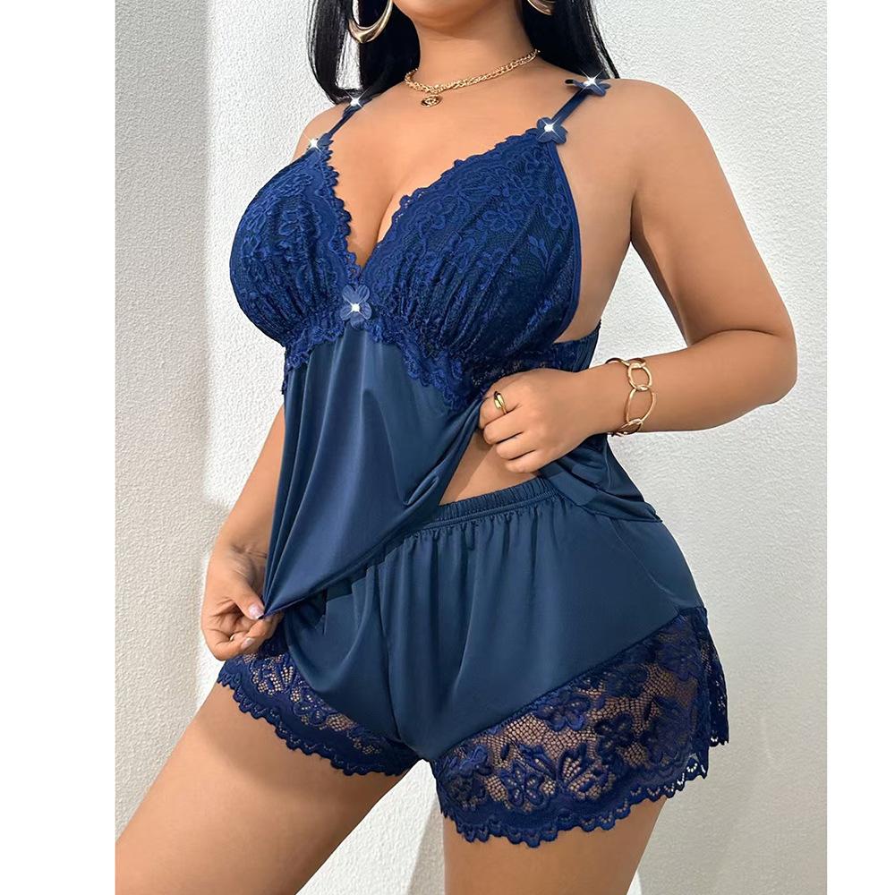 Large size lace sexy pajamas two-piece set sexy suspender shorts set pure loungewear