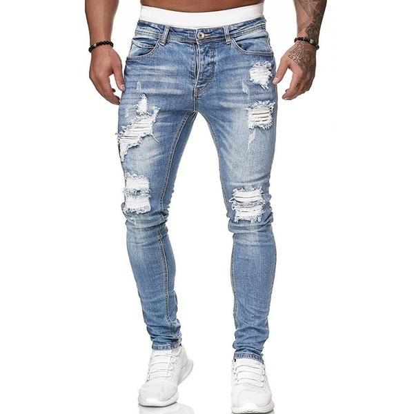 New Men's Trousers Fashion Denim Men's Trousers Broken Holes Trend Black Slim Denim Leggings Male