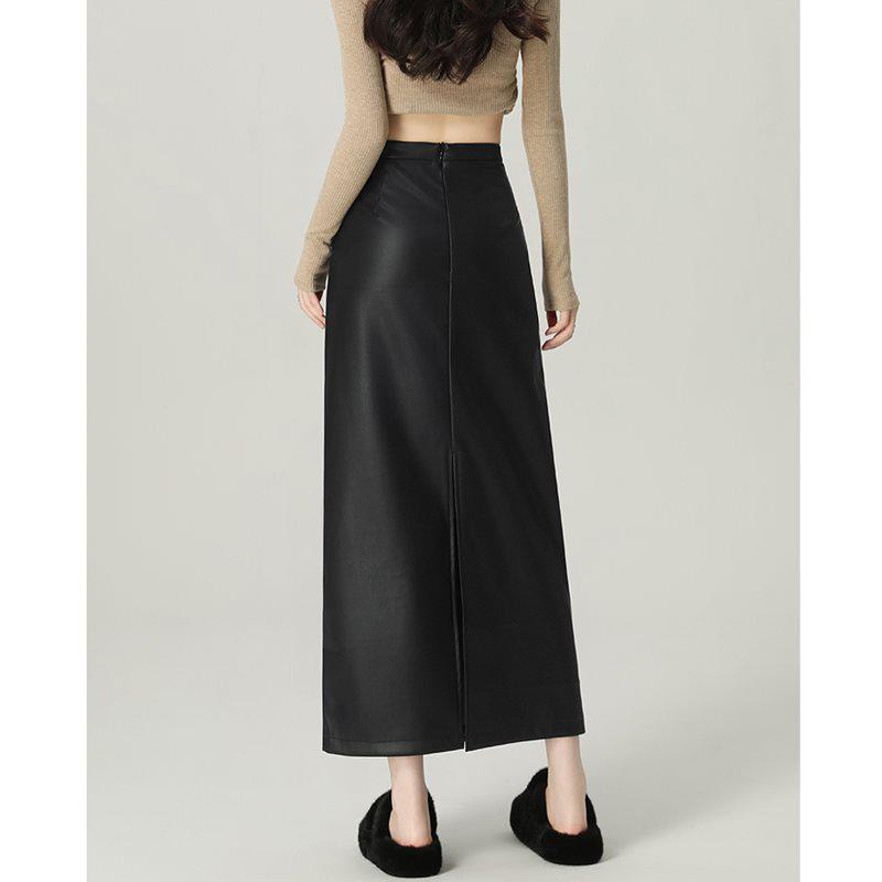 Schwarzer Damen Midirock mit hoher Taille aus PU-Leder - Figurbetonend A-Linie Bodycon mit Schlitz