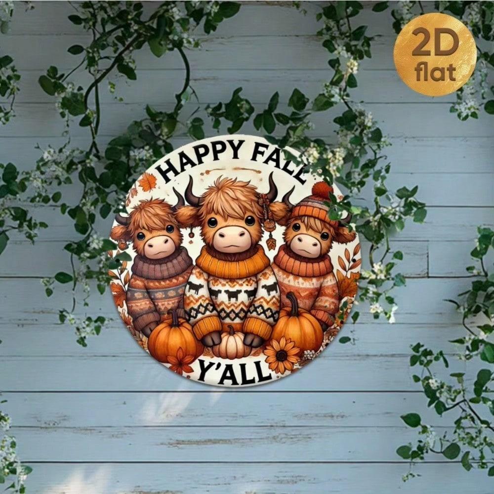 Vintage Happy Fall Yall Highland Cow Wreath Iron Wall Art Sign Home Decor for Halloween Bathroom Bedroom Kitchen Living Room Cafe Bar Porch