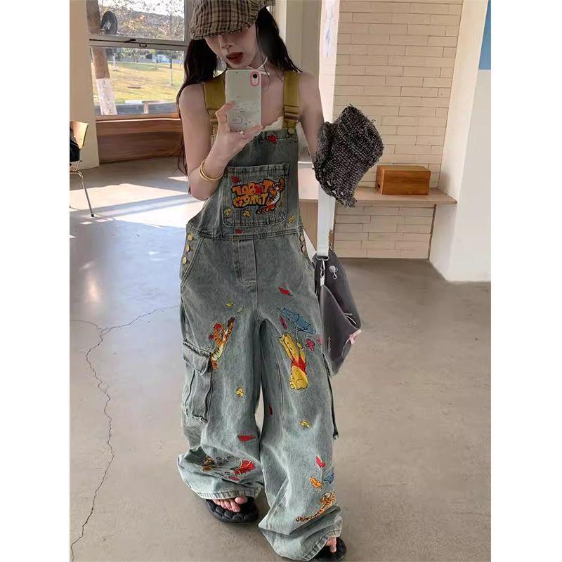 

Plus Size Women s Denim Overalls with Cartoon Embroidery - American Style 2XL recommended for 120-150 jin
