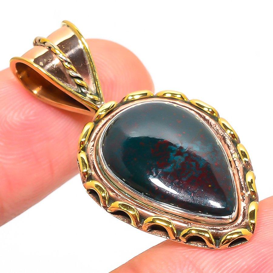 Pierre Précieuse Héliotrope Naturelle Bicolore Argent Sterling Massif 925 Pendentif 1,50" z9z64