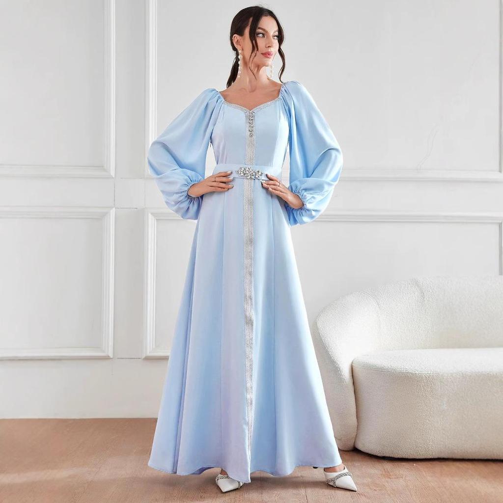 Elegant High-Waist Studded Dress for Middle Eastern Muslim Women - Summer/Autumn Fashion