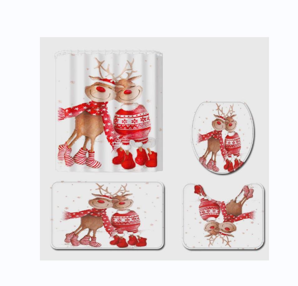 Christmas Bathroom Shower Curtain 4Pcs Set Snowman Santa Claus Pattern Waterproof Shower Curtain Toilet Cover Mat Non Slip Rug