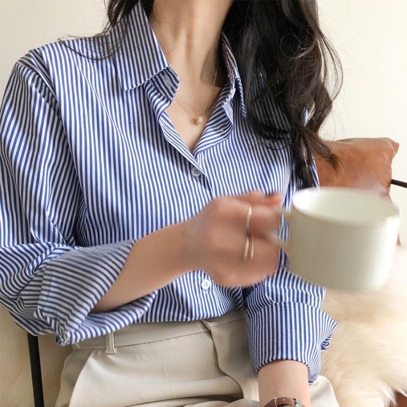 Fashion New Long Sleeve Blue Striped Shirts Women Summer Simple Elegant Loose Women's Blouses Office Lady Tops Button Up Shirt Female Clothing 26134