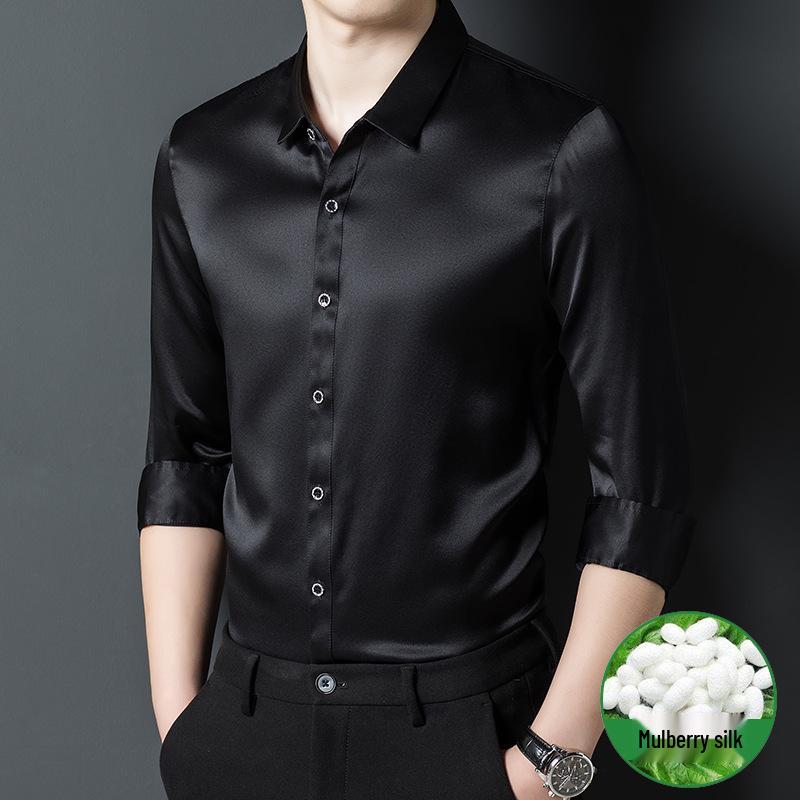 Premium Mulberry Silk Long-Sleeve Men's Shirt - Non-Iron, Solid Color, Business Casual for Autumn and Spring