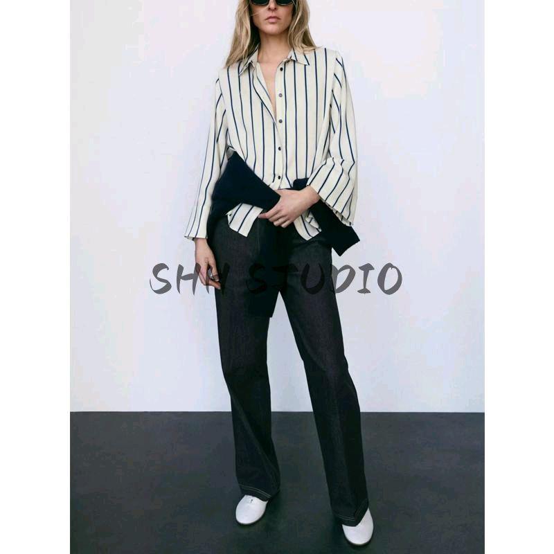 Spring New Women Clothes Lapel Vertical Temperament All-Match Wide Sleeve Stripe Shirts 7969022 7969021