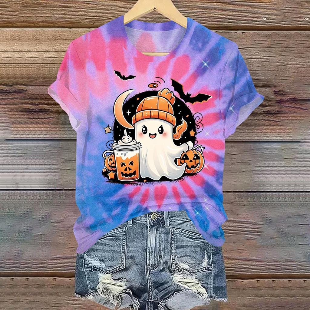 Ladies' Casual Halloween Printed Round Neck Short Sleeved T-Shirt