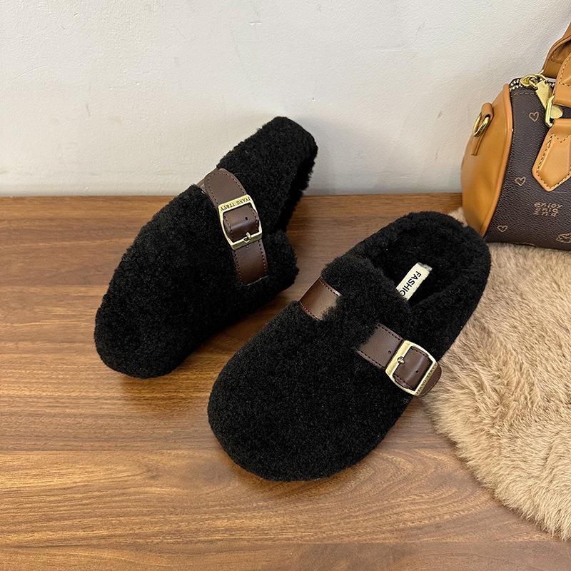 2025 Autumn and Winter New Velvet Boken Shoes Muller Drag Cotton Shoes Bag Head Warm Belt Buckle Flat Bottom Fluffy Slippers Women