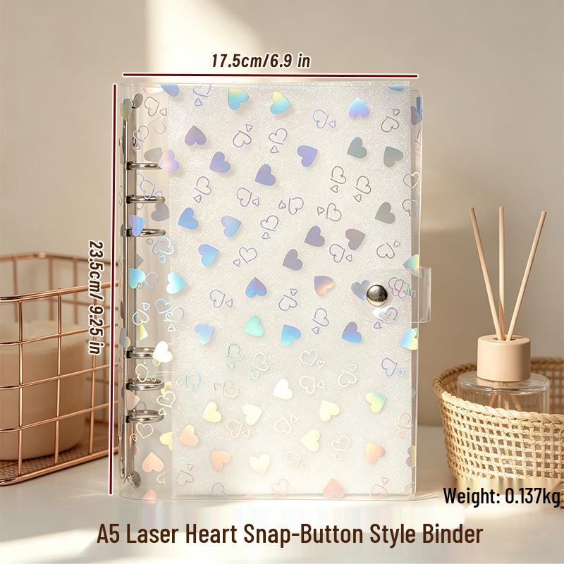 A5A6 Portable Transparent Snap Button Planner Cover with Laser Heart Design, A7M5 Card Holder, and Sticker Storage Album