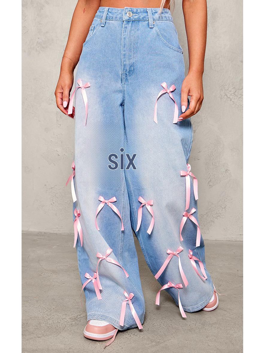 

European & American High Waist Distressed Wide Leg Bow Jeans for Women L синий