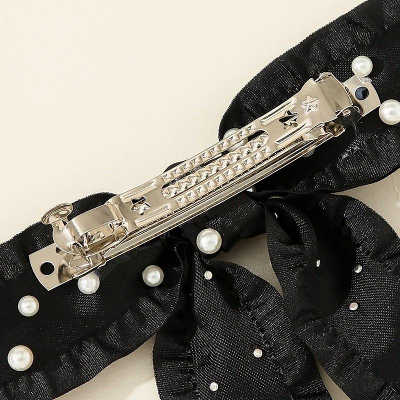 Womens Pearl Hair Clip With Ruffle Bow Long Tail Pin Handmade Fabric Accessory Winter