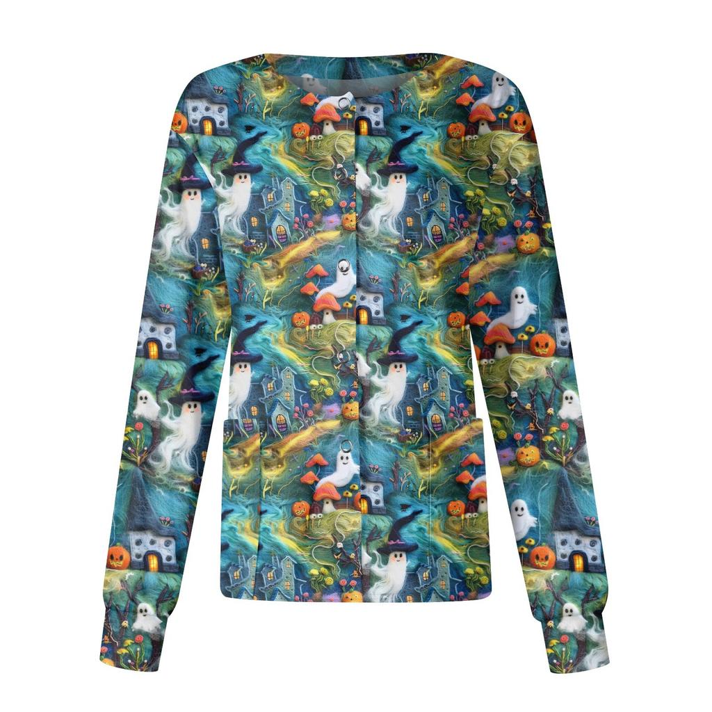 Women Long Sleeve Pattern Pocket Working Stand-up Collar Single-breasted Protective Overalls Cardigan Jacket Top