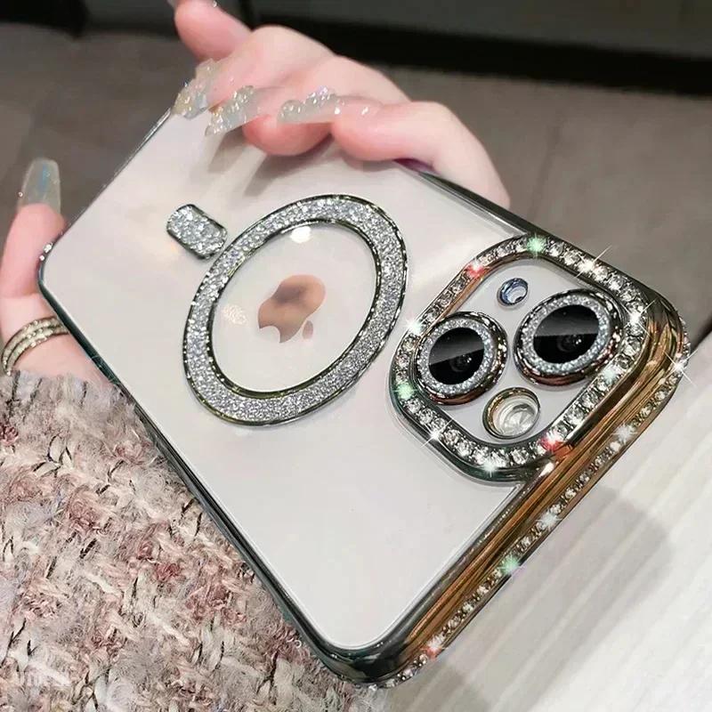 Clear Bling Crystal Phone Case For iPhone 16 15 14 11 12 13 Pro Max Plus For Magsafe Magnetic Wireless Charging Lens Film Cover